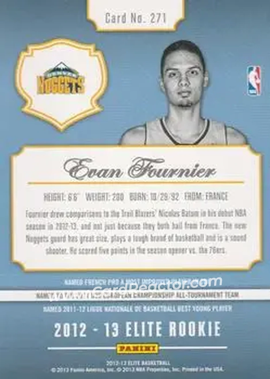 2012-13 Panini Elite #271 - Evan Fournier - Denver Nuggets - Back 2012-13 Panini Elite #271 - Evan Fournier - Denver Nuggets - Back