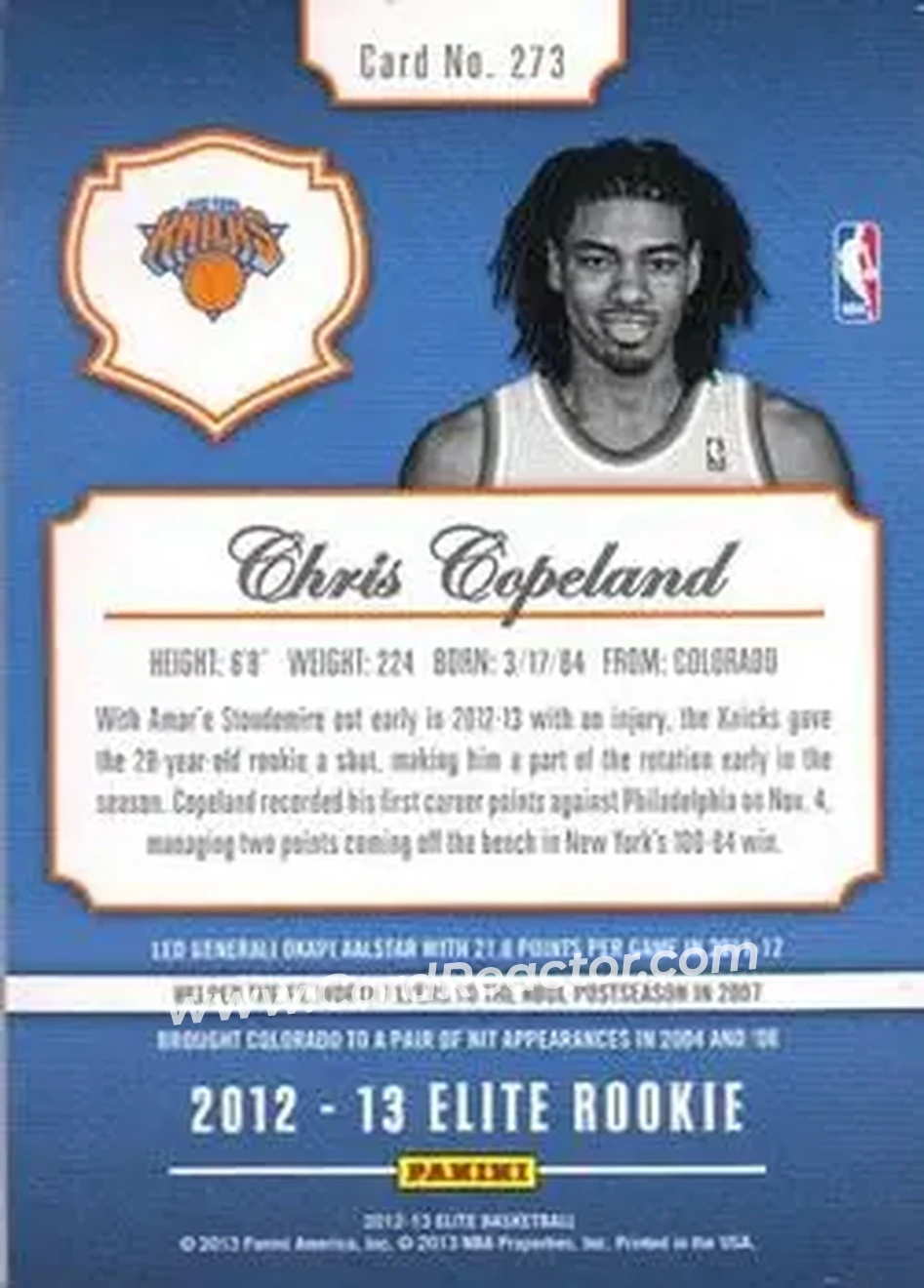 2012-13 Panini Elite #273 - Chris Copeland - New York Knicks - Back 2012-13 Panini Elite #273 - Chris Copeland - New York Knicks - Back