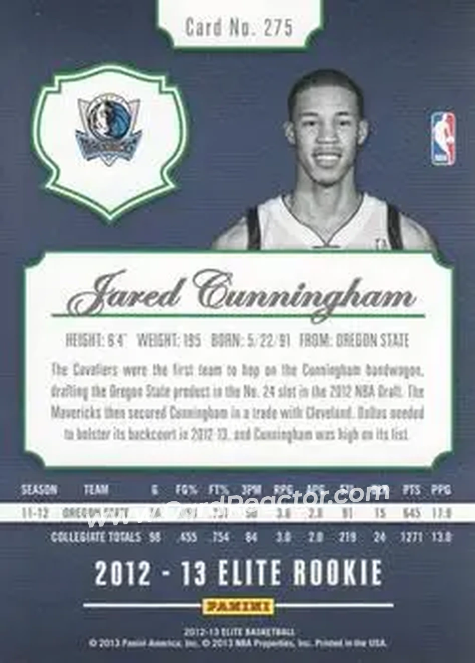 2012-13 Panini Elite #275 - Jared Cunningham - Dallas Mavericks - Back 2012-13 Panini Elite #275 - Jared Cunningham - Dallas Mavericks - Back