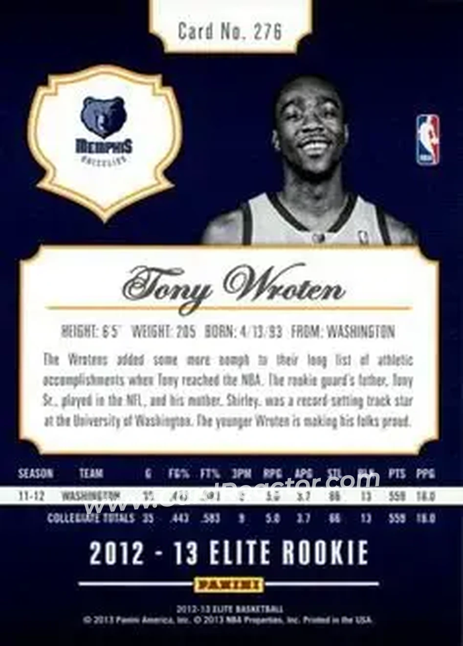 2012-13 Panini Elite #276 - Tony Wroten - Memphis Grizzlies - Back