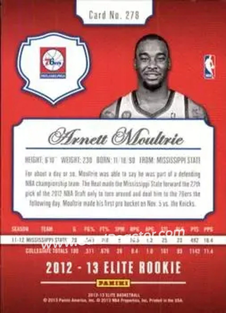 2012-13 Panini Elite #278 - Arnett Moultrie - Philadelphia 76ers - Back 2012-13 Panini Elite #278 - Arnett Moultrie - Philadelphia 76ers - Back