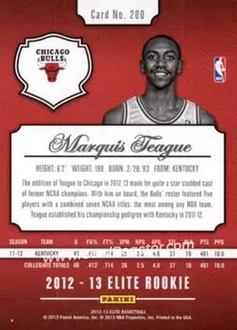 2012-13 Panini Elite #280 - Marquis Teague - Chicago Bulls - Back