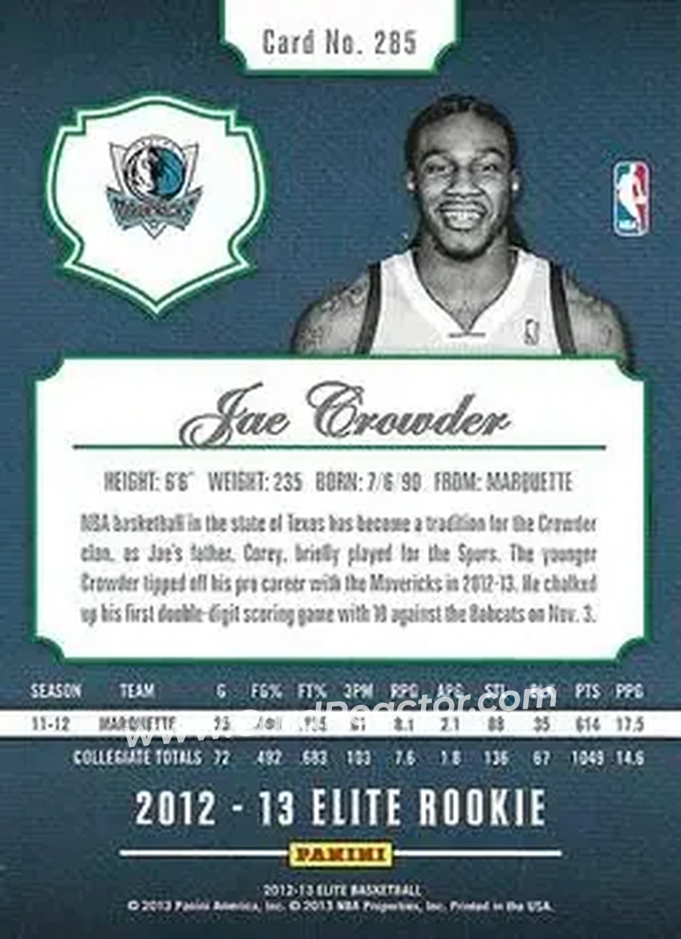 2012-13 Panini Elite #285 - Jae Crowder - Dallas Mavericks - Back 2012-13 Panini Elite #285 - Jae Crowder - Dallas Mavericks - Back