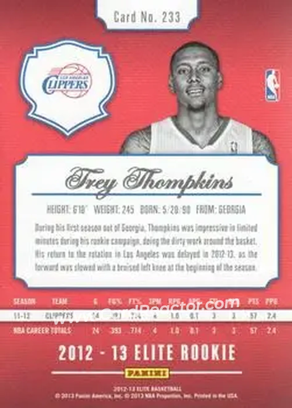 2012-13 Panini Elite #233 - Trey Thompkins - Los Angeles Clippers - Back