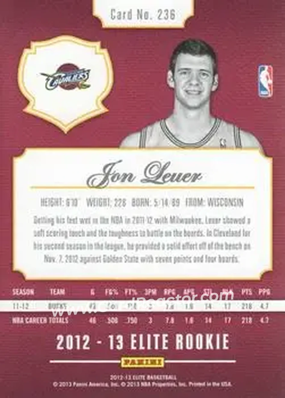 2012-13 Panini Elite #236 - Jon Leuer - Cleveland Cavaliers - Back