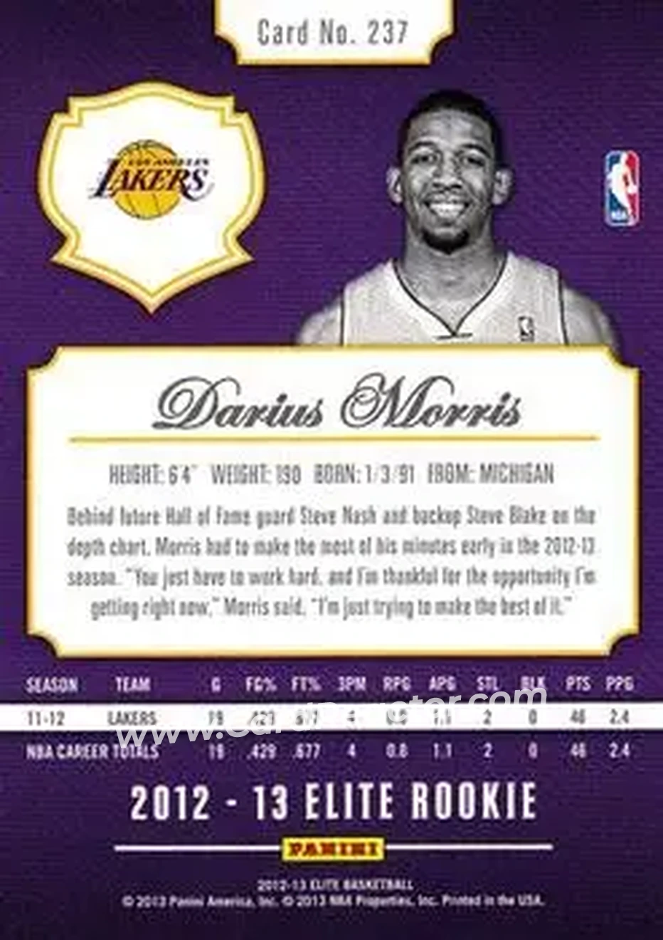 2012-13 Panini Elite #237 - Darius Morris - Los Angeles Lakers - Back 2012-13 Panini Elite #237 - Darius Morris - Los Angeles Lakers - Back