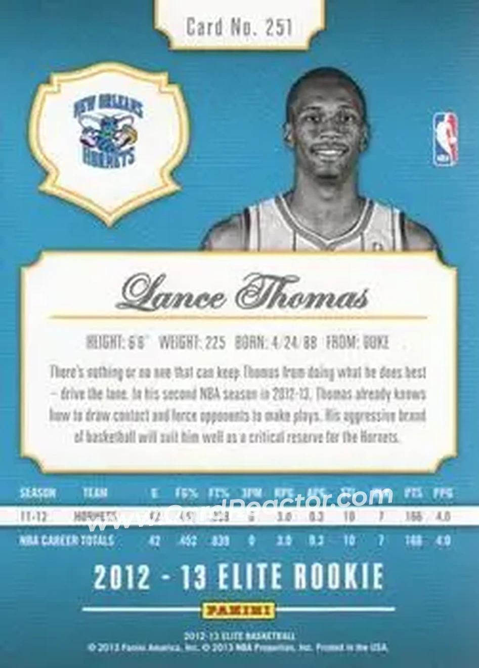 2012-13 Panini Elite #251 - Lance Thomas - New Orleans Hornets - Back