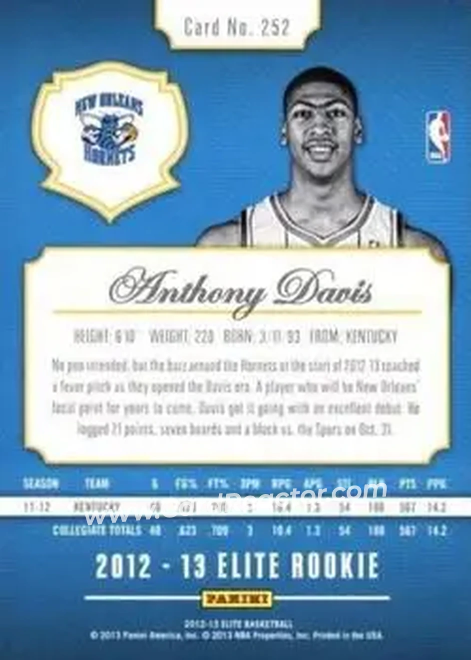 2012-13 Panini Elite #252 - Anthony Davis - New Orleans Hornets - Back