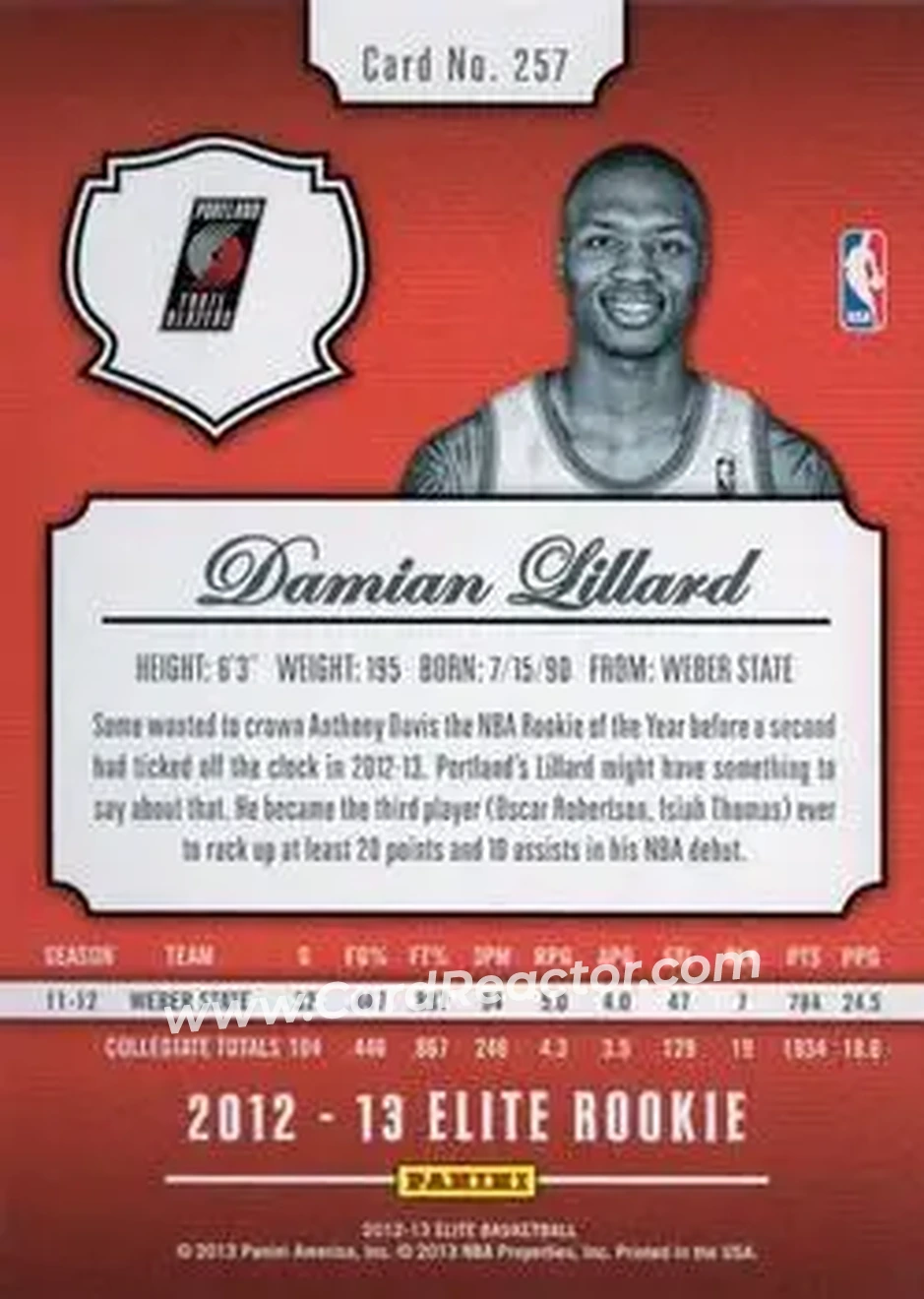 2012-13 Panini Elite #257 - Damian Lillard - Portland Trail Blazers - Back 2012-13 Panini Elite #257 - Damian Lillard - Portland Trail Blazers - Back