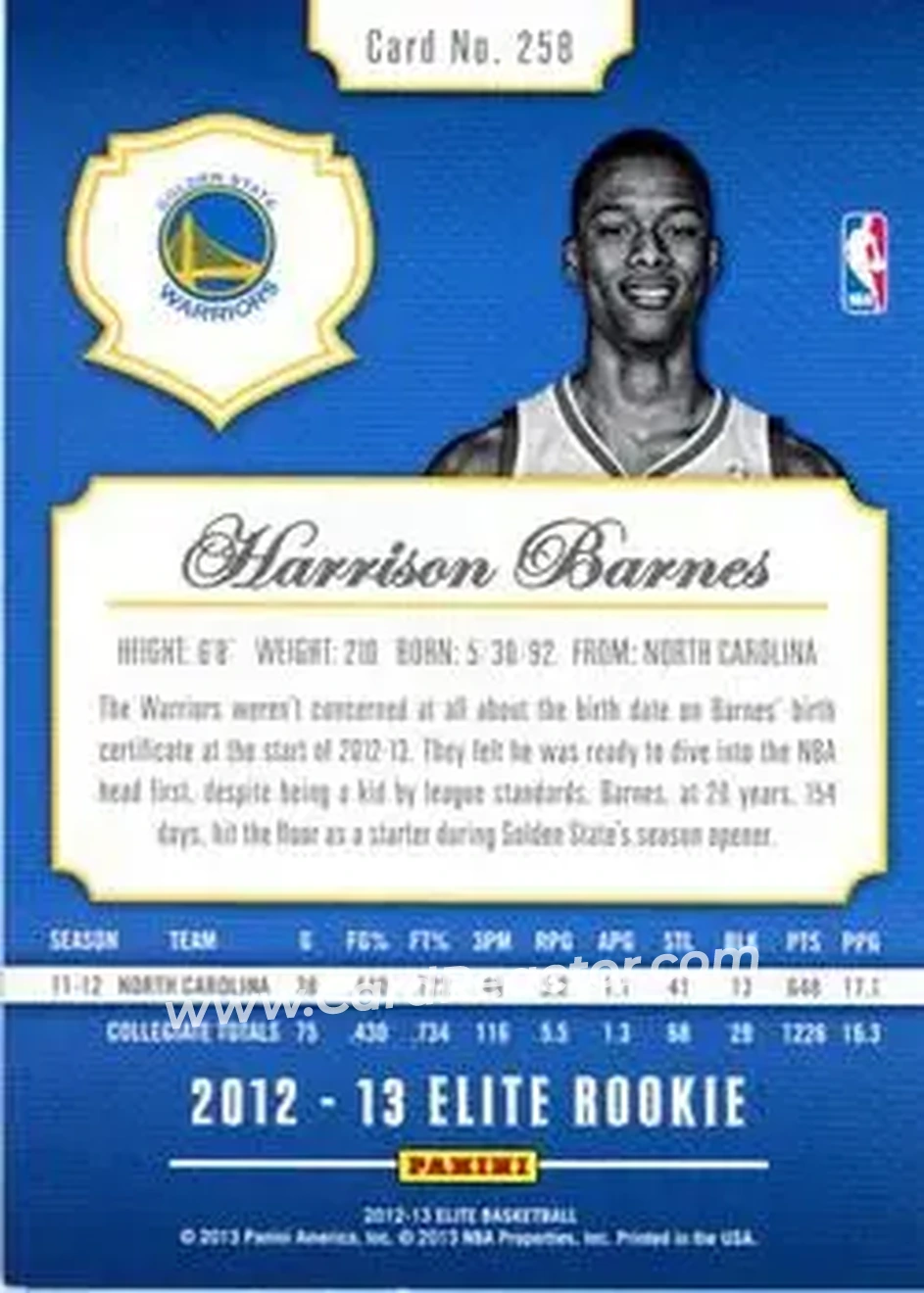 2012-13 Panini Elite #258 - Harrison Barnes - Golden State Warriors - Back 2012-13 Panini Elite #258 - Harrison Barnes - Golden State Warriors - Back
