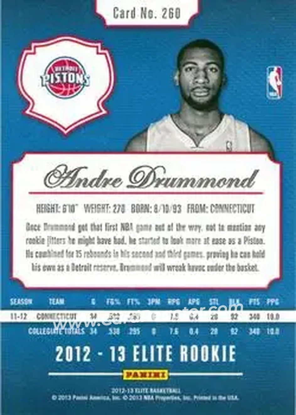 2012-13 Panini Elite #260 - Andre Drummond - Detroit Pistons - Back