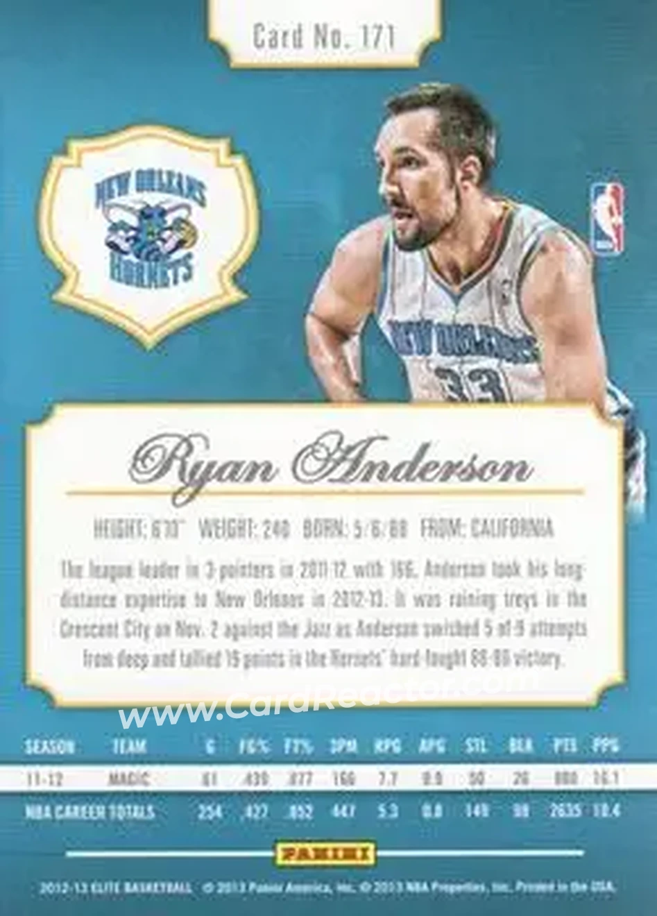 2012-13 Panini Elite #171 - Ryan Anderson - New Orleans Hornets - Back