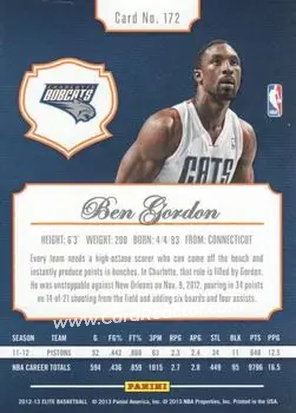 2012-13 Panini Elite #172 - Ben Gordon - Charlotte Bobcats - Back