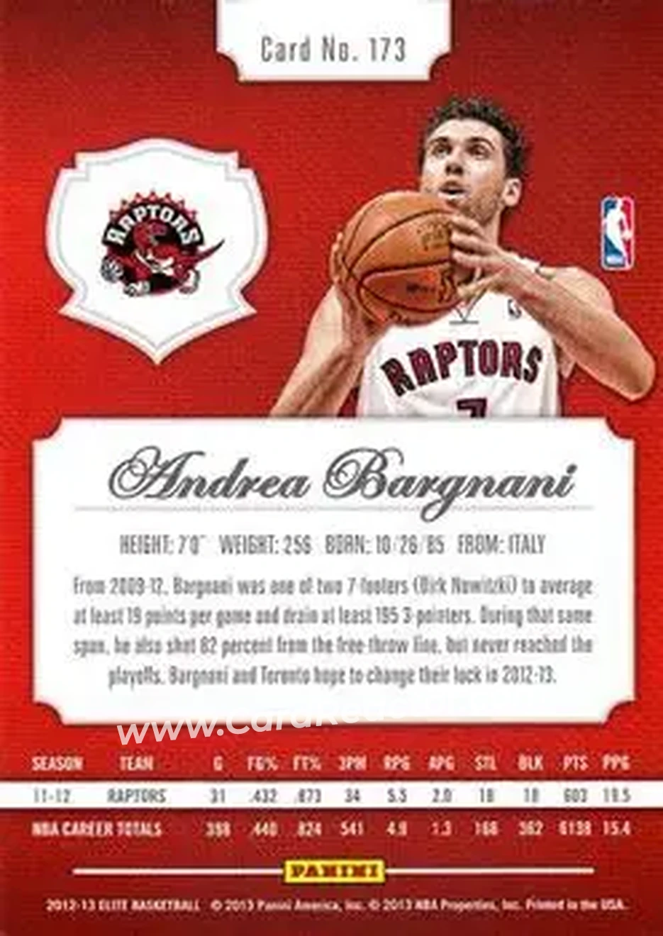 2012-13 Panini Elite #173 - Andrea Bargnani - Toronto Raptors - Back