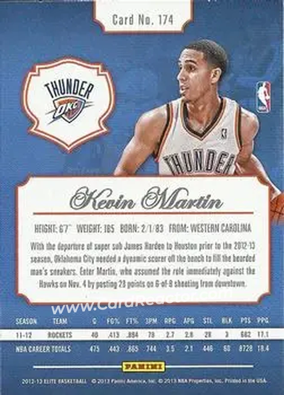 2012-13 Panini Elite #174 - Kevin Martin - Oklahoma City Thunder - Back