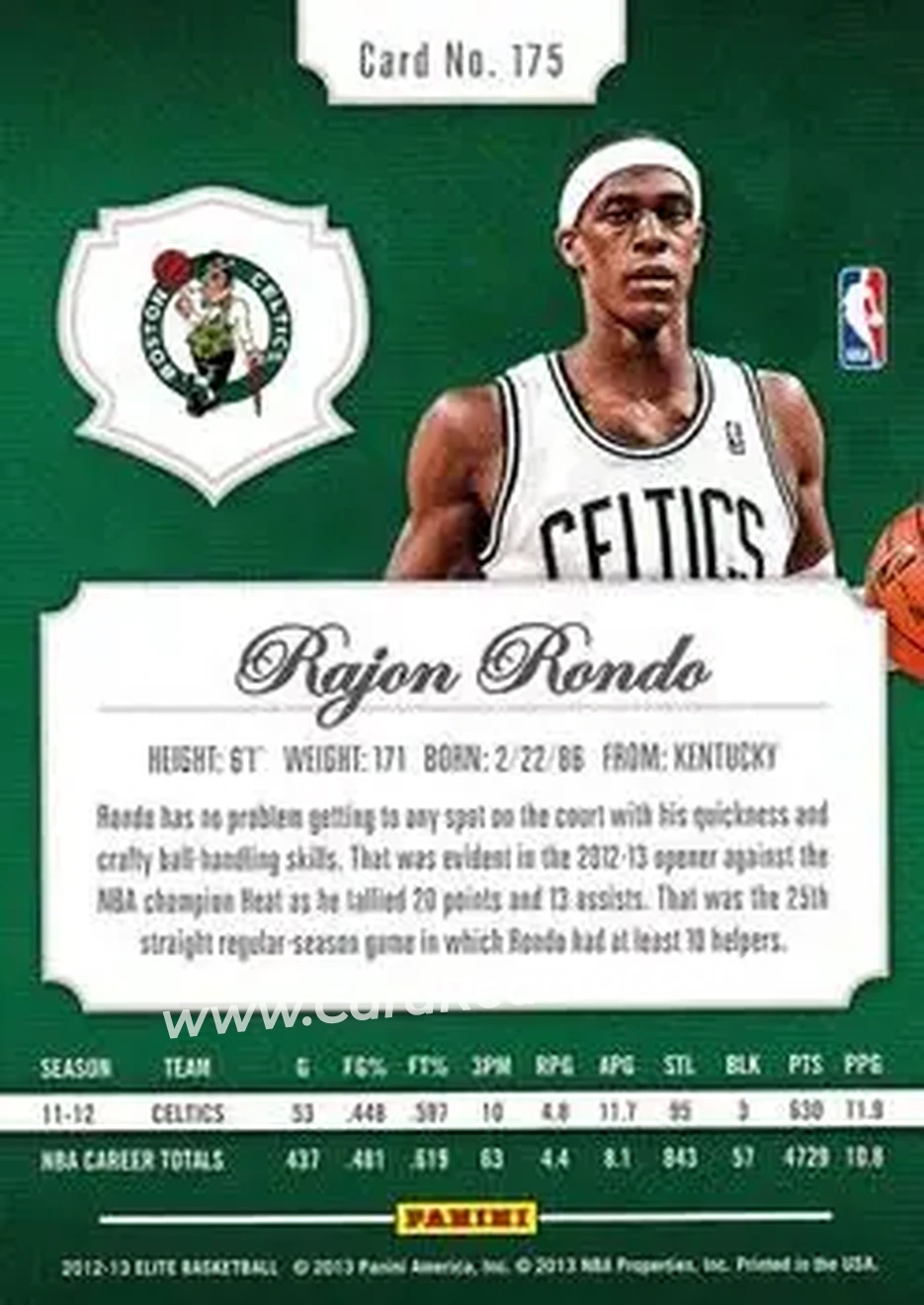2012-13 Panini Elite #175 - Rajon Rondo - Boston Celtics - Back 2012-13 Panini Elite #175 - Rajon Rondo - Boston Celtics - Back