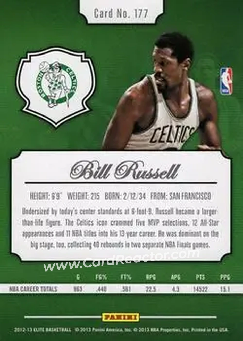 2012-13 Panini Elite #177 - Bill Russell - Boston Celtics - Back