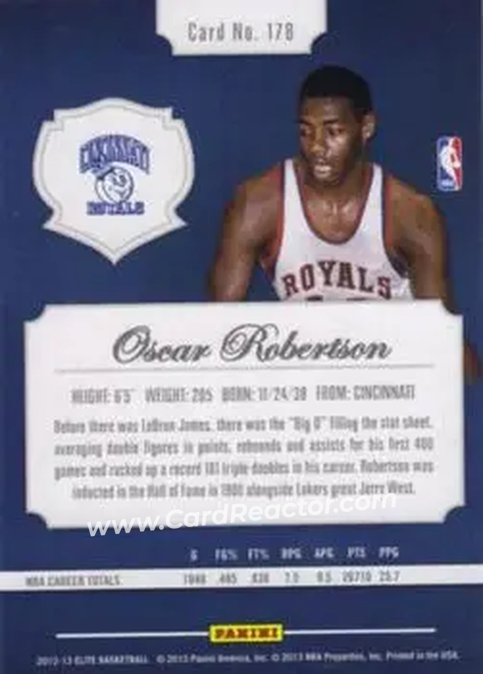 2012-13 Panini Elite #178 - Oscar Robertson - Cincinnati Royals - Back 2012-13 Panini Elite #178 - Oscar Robertson - Cincinnati Royals - Back
