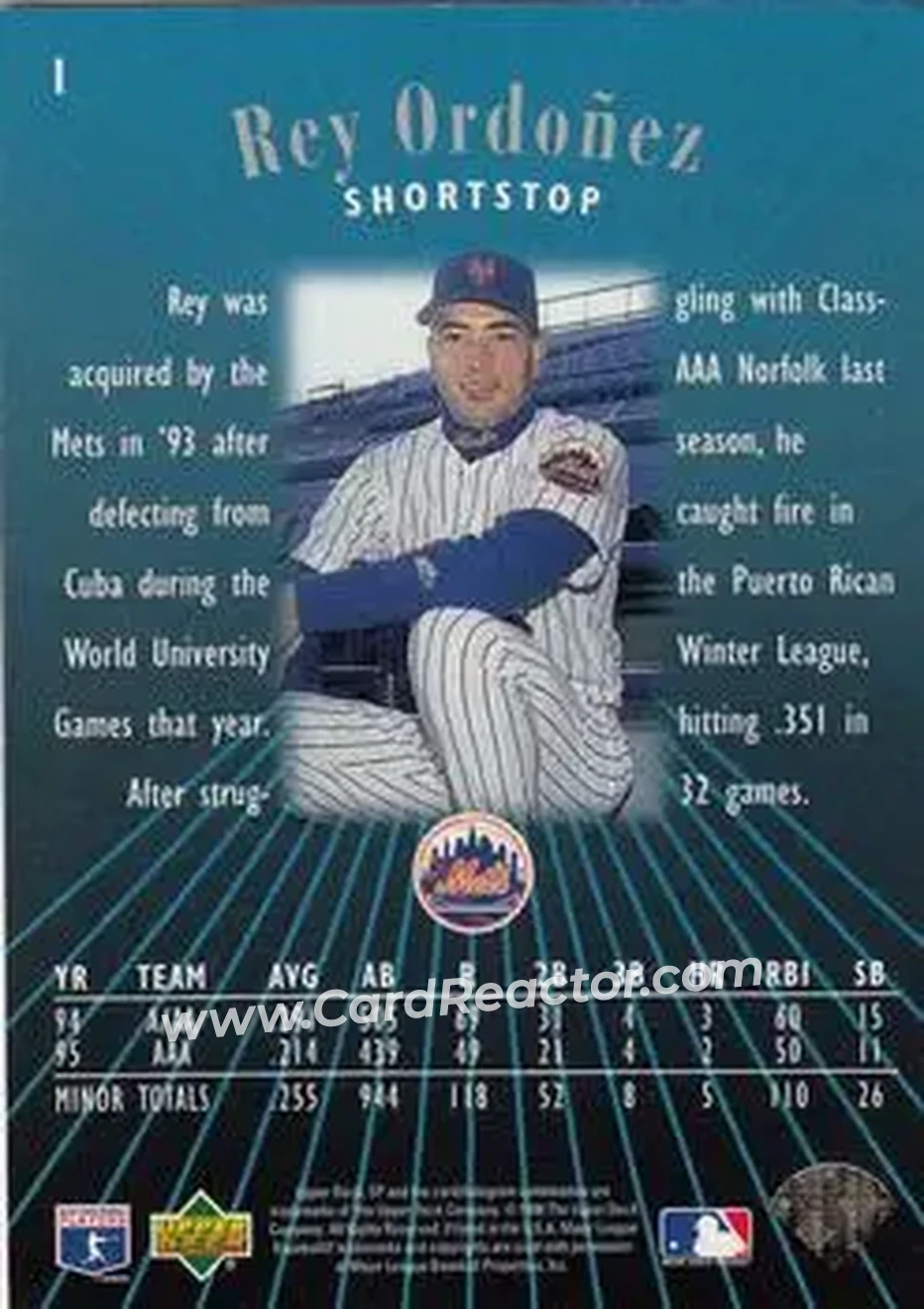 1996 SP #1 - Rey Ordonez - New York Mets - Back 1996 SP #1 - Rey Ordonez - New York Mets - Back