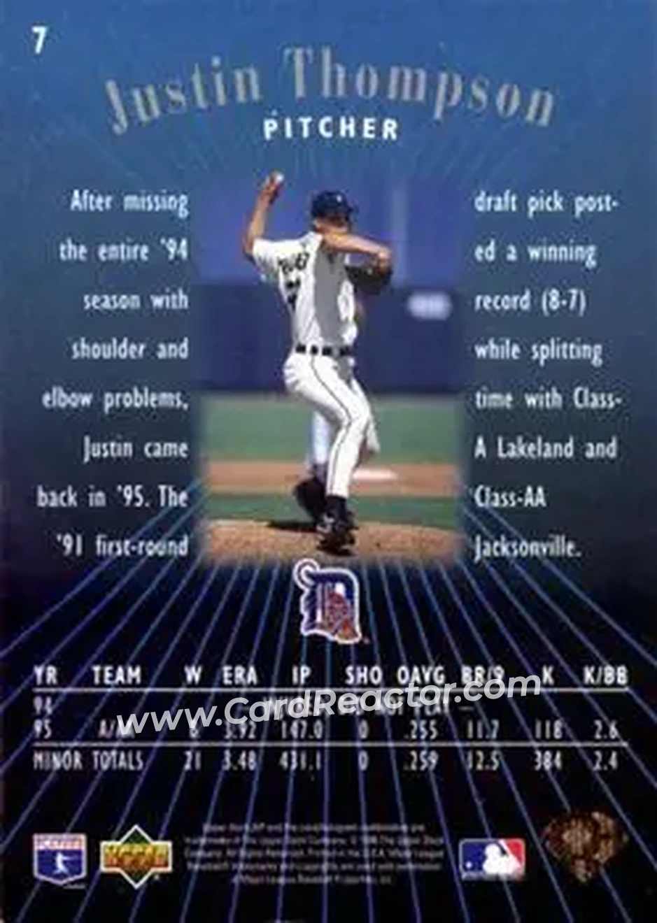 1996 SP #7 - Justin Thompson - Detroit Tigers - Back
