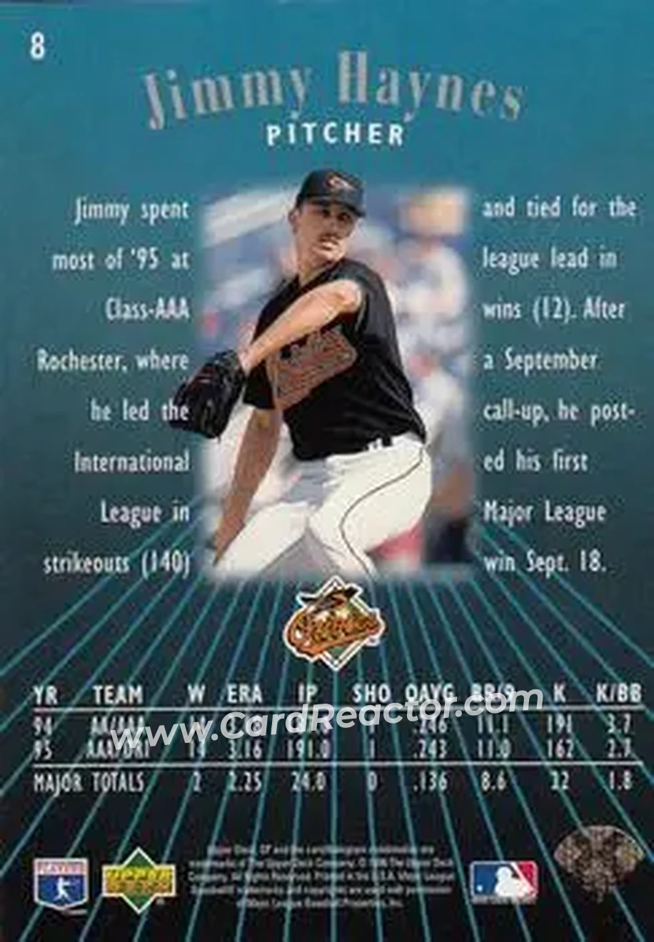 1996 SP #8 - Jimmy Haynes - Baltimore Orioles - Back 1996 SP #8 - Jimmy Haynes - Baltimore Orioles - Back