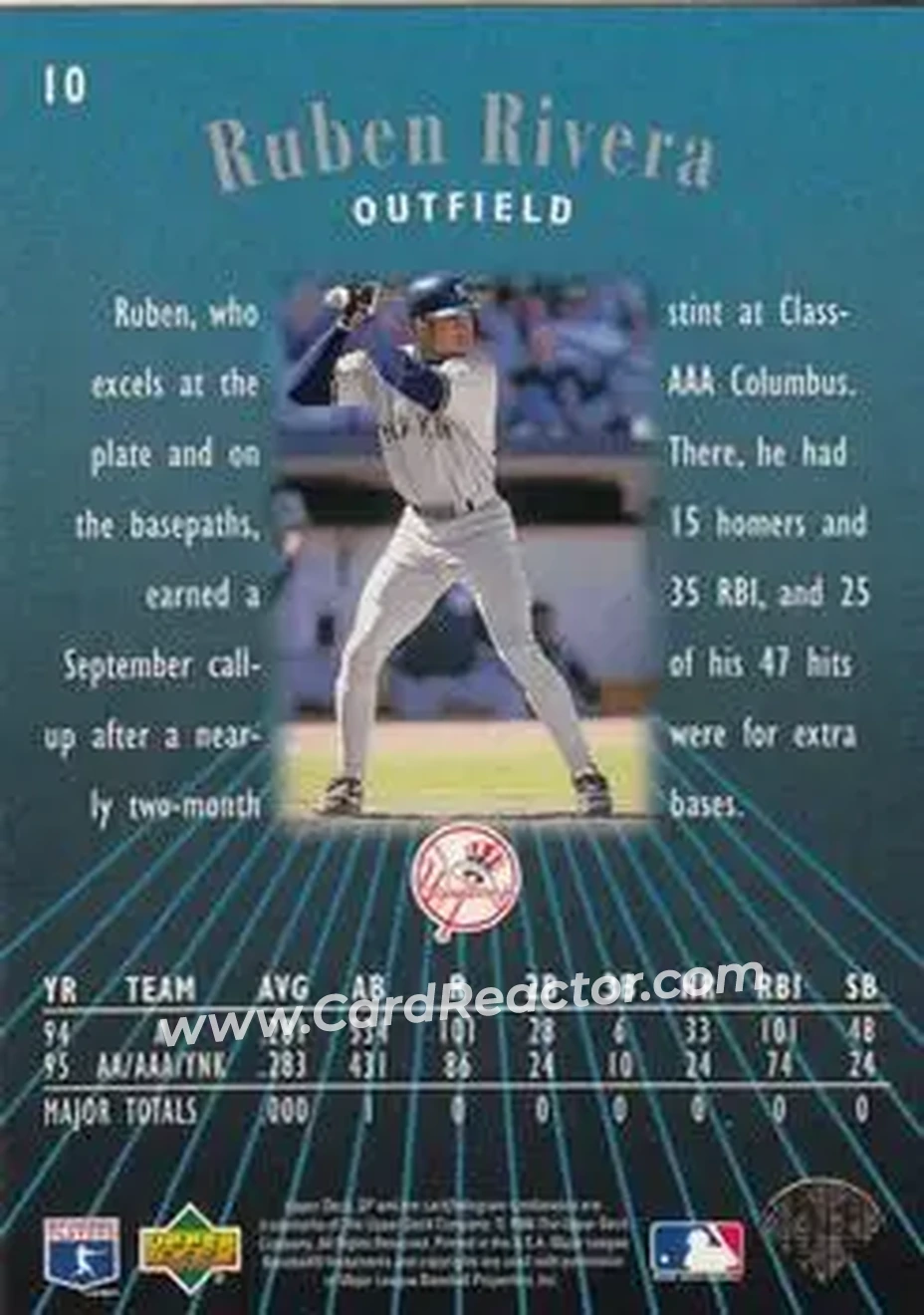 1996 SP #10 - Ruben Rivera - New York Yankees - Back 1996 SP #10 - Ruben Rivera - New York Yankees - Back