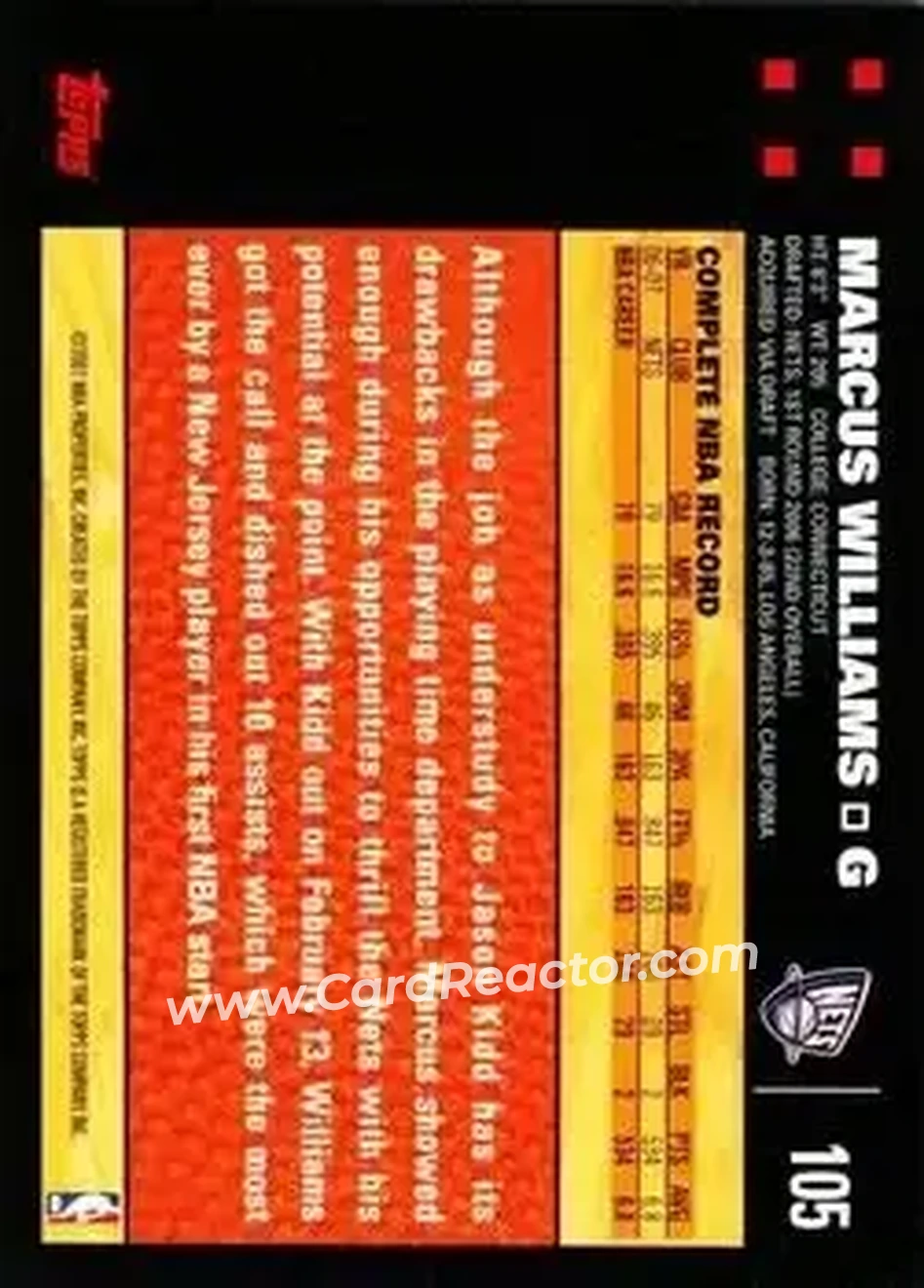 2007-08 Topps #105 - Marcus Williams - New Jersey Nets - Back 2007-08 Topps #105 - Marcus Williams - New Jersey Nets - Back