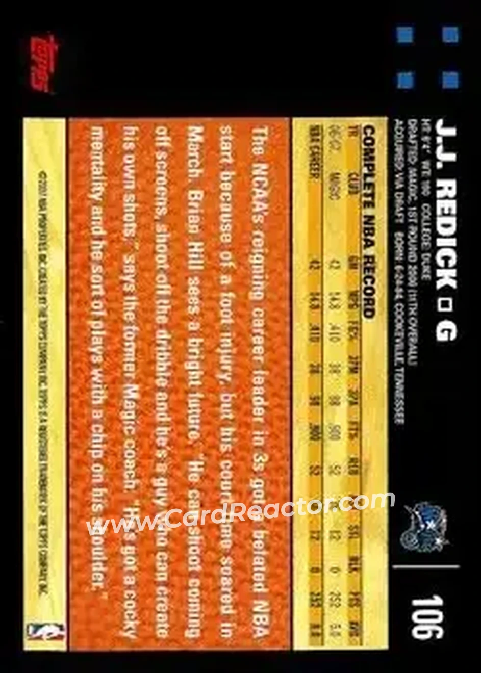 2007-08 Topps #106 - JJ Redick - Orlando Magic - Back