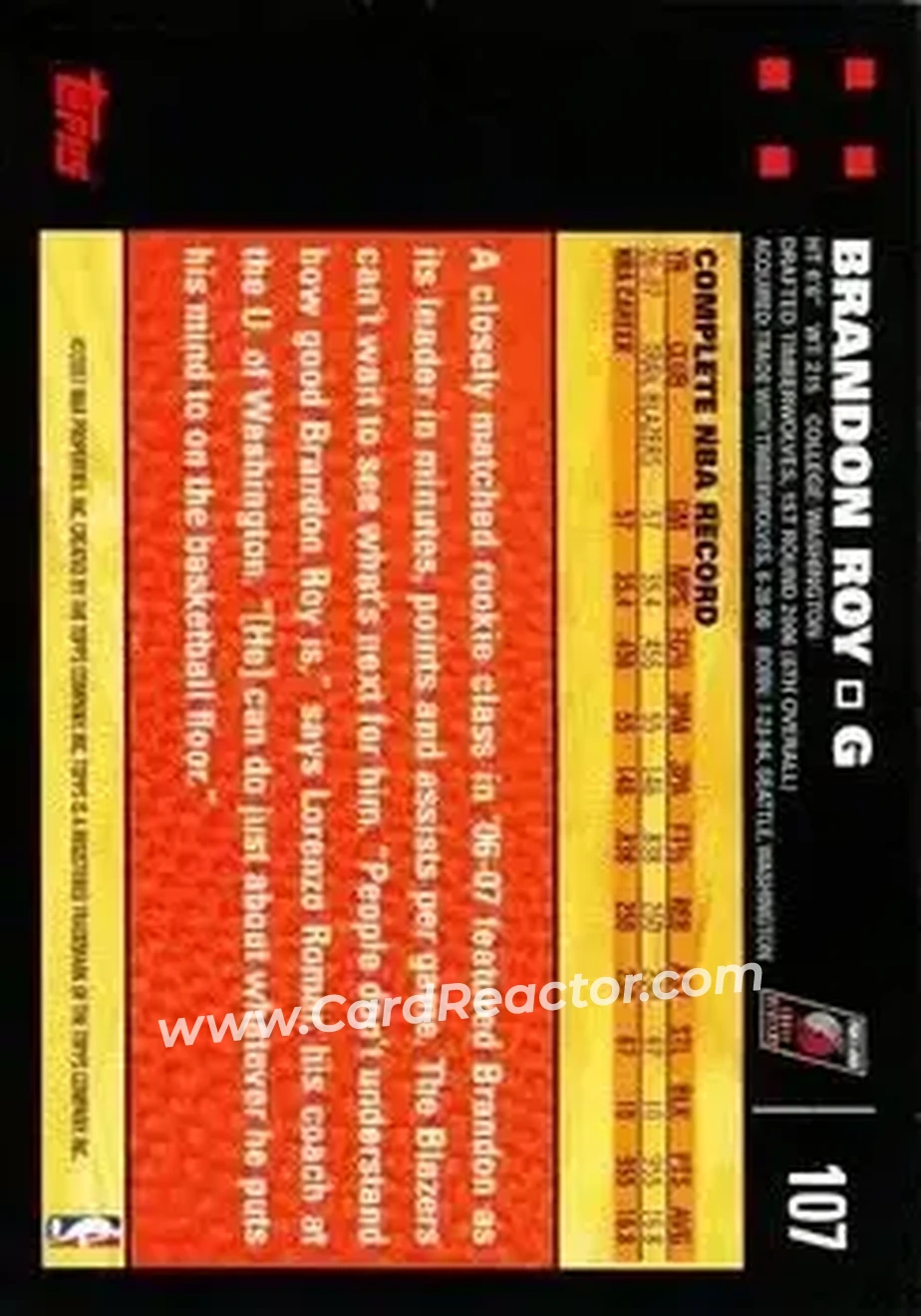2007-08 Topps #107 - Brandon Roy - Portland Trail Blazers - Back