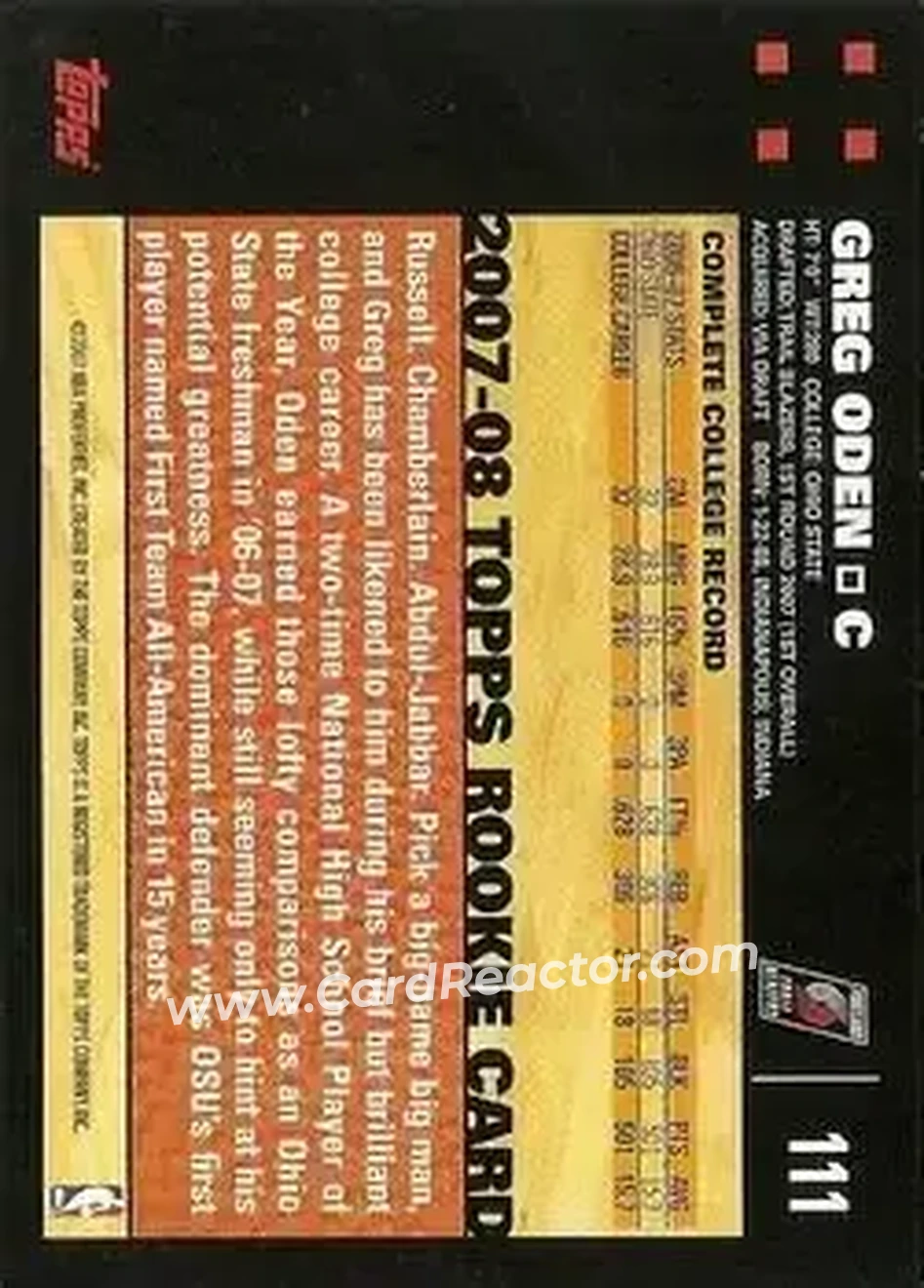 2007-08 Topps #111 - Greg Oden - Portland Trail Blazers - Back 2007-08 Topps #111 - Greg Oden - Portland Trail Blazers - Back