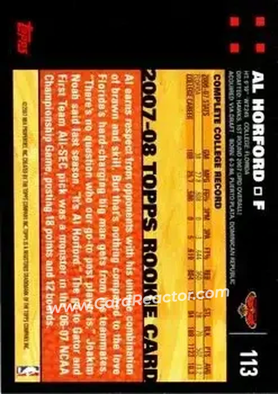 2007-08 Topps #113 - Al Horford - Atlanta Hawks - Back 2007-08 Topps #113 - Al Horford - Atlanta Hawks - Back