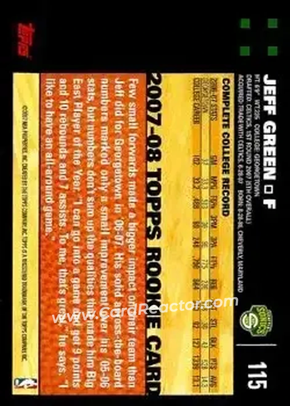 2007-08 Topps #115 - Jeff Green - Seattle SuperSonics - Back 2007-08 Topps #115 - Jeff Green - Seattle SuperSonics - Back