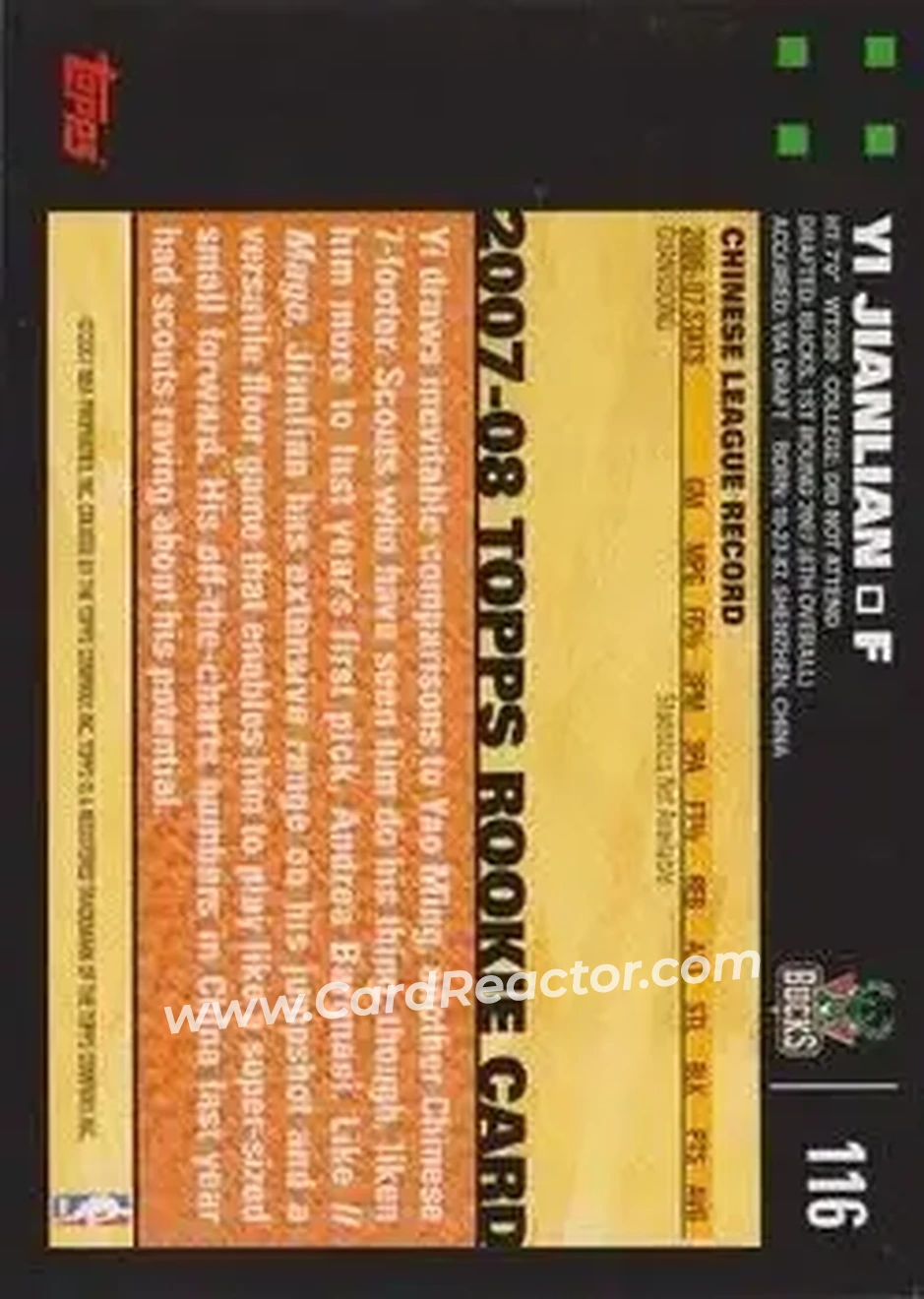 2007-08 Topps #116 - Yi Jianlian - Milwaukee Bucks - Back 2007-08 Topps #116 - Yi Jianlian - Milwaukee Bucks - Back