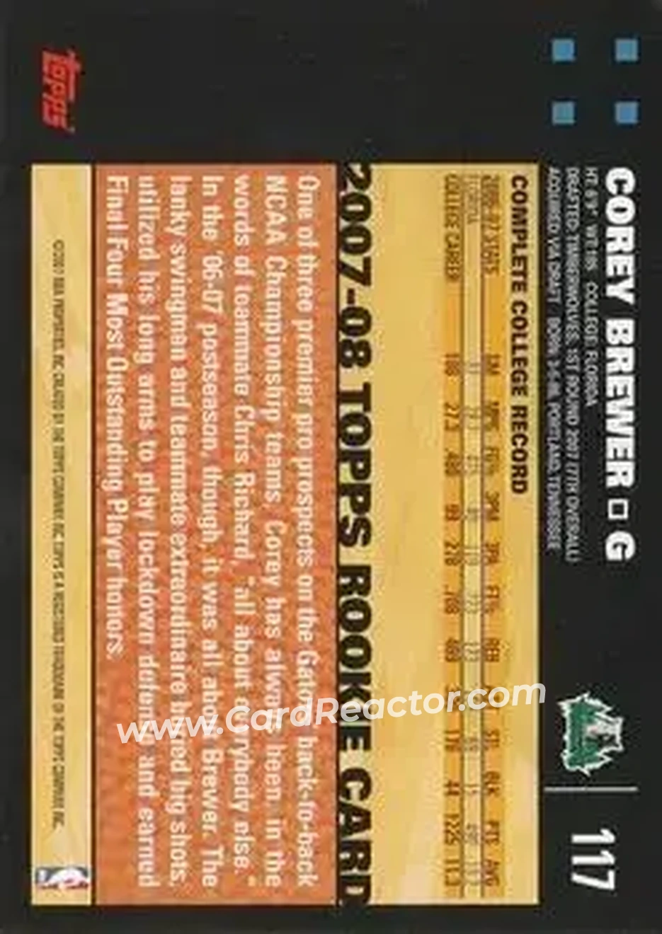 2007-08 Topps #117 - Corey Brewer - Minnesota Timberwolves - Back