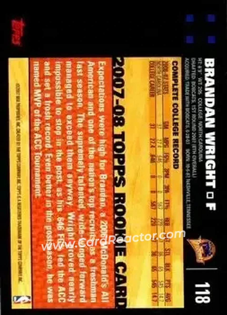 2007-08 Topps #118 - Brandan Wright - Golden State Warriors - Back 2007-08 Topps #118 - Brandan Wright - Golden State Warriors - Back
