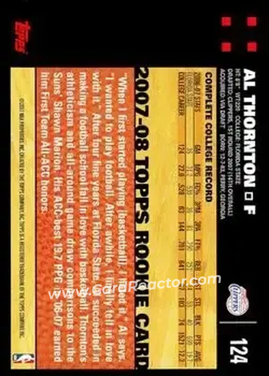 2007-08 Topps #124 - Al Thornton - Los Angeles Clippers - Back