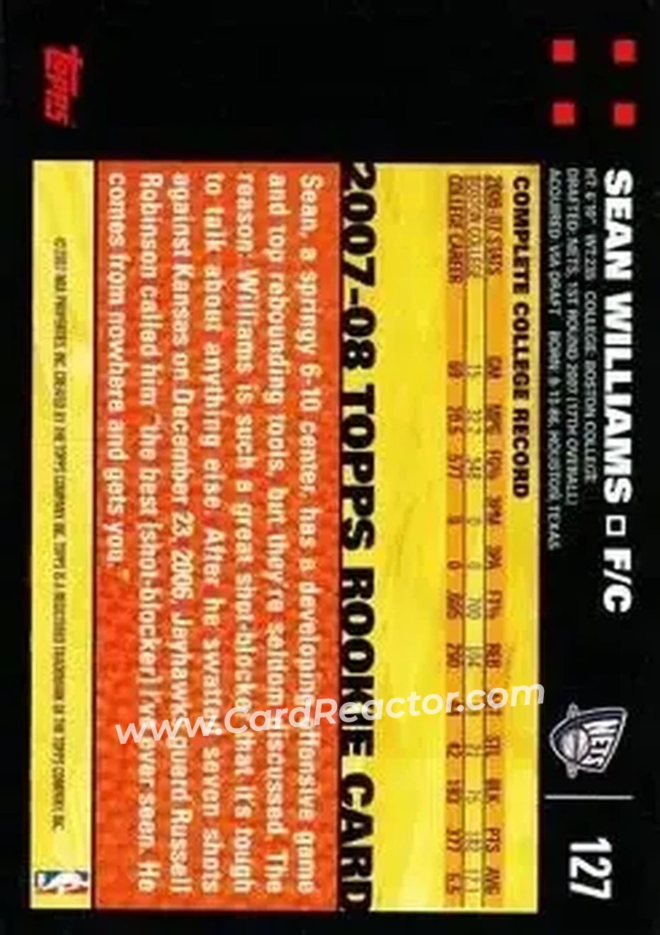 2007-08 Topps #127 - Sean Williams - New Jersey Nets - Back