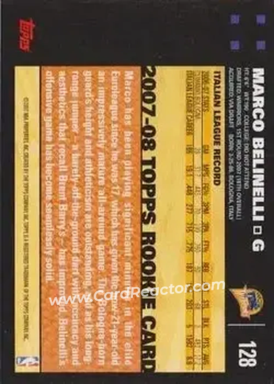 2007-08 Topps #128 - Marco Belinelli - Golden State Warriors - Back