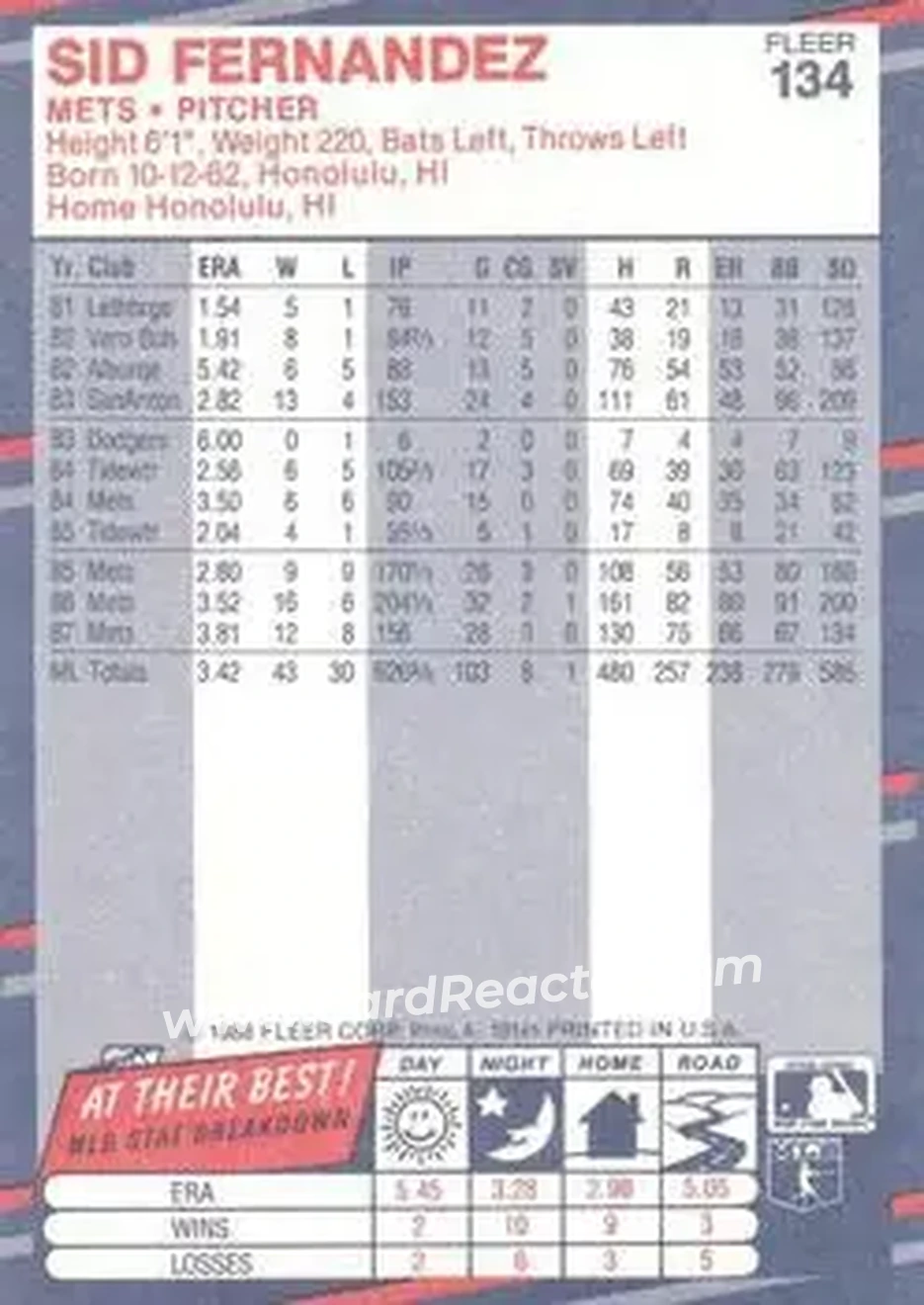 1988 Fleer #134 - Sid Fernandez - New York Mets - Back 1988 Fleer #134 - Sid Fernandez - New York Mets - Back