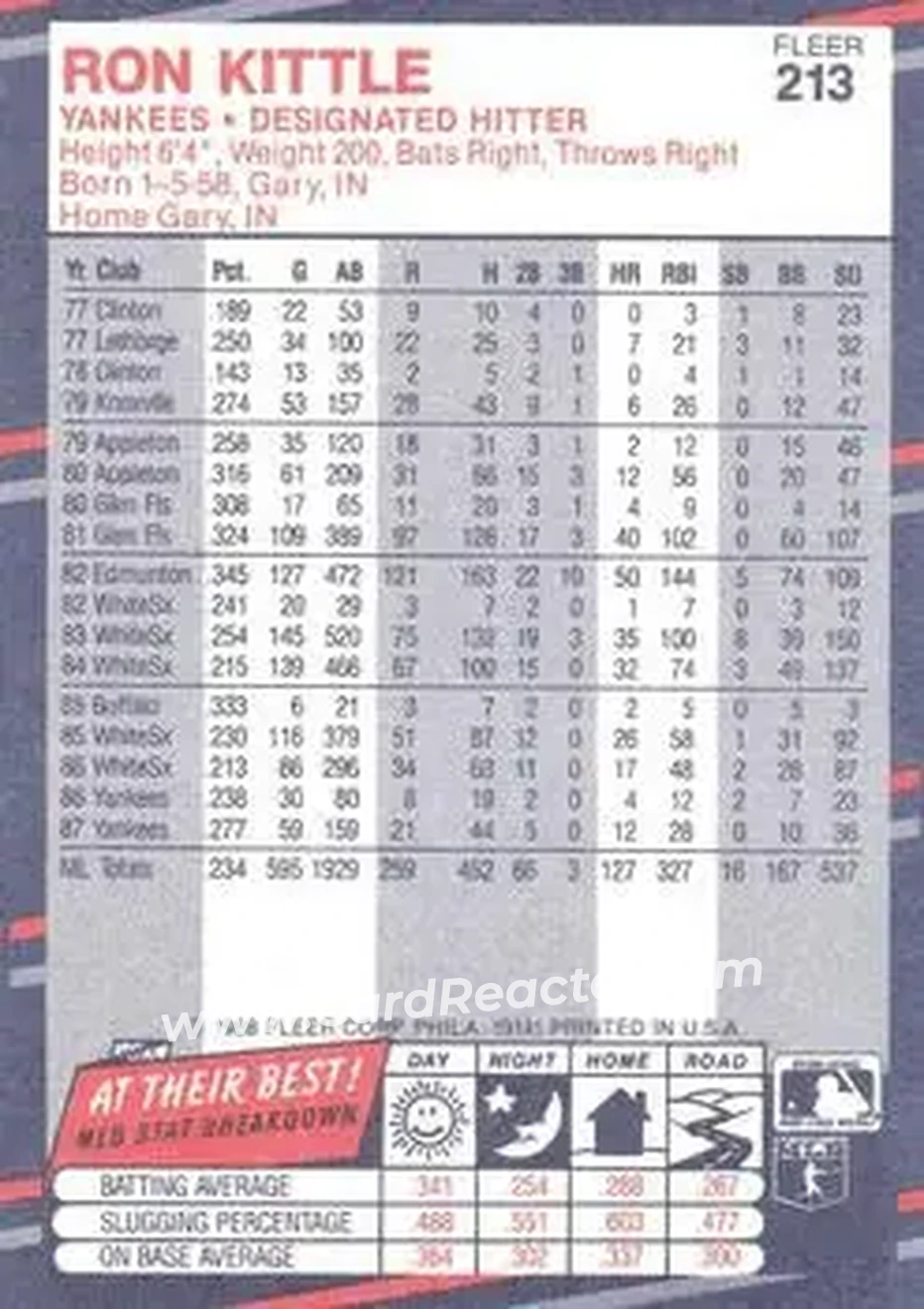 1988 Fleer #213 - Ron Kittle - New York Yankees - Back