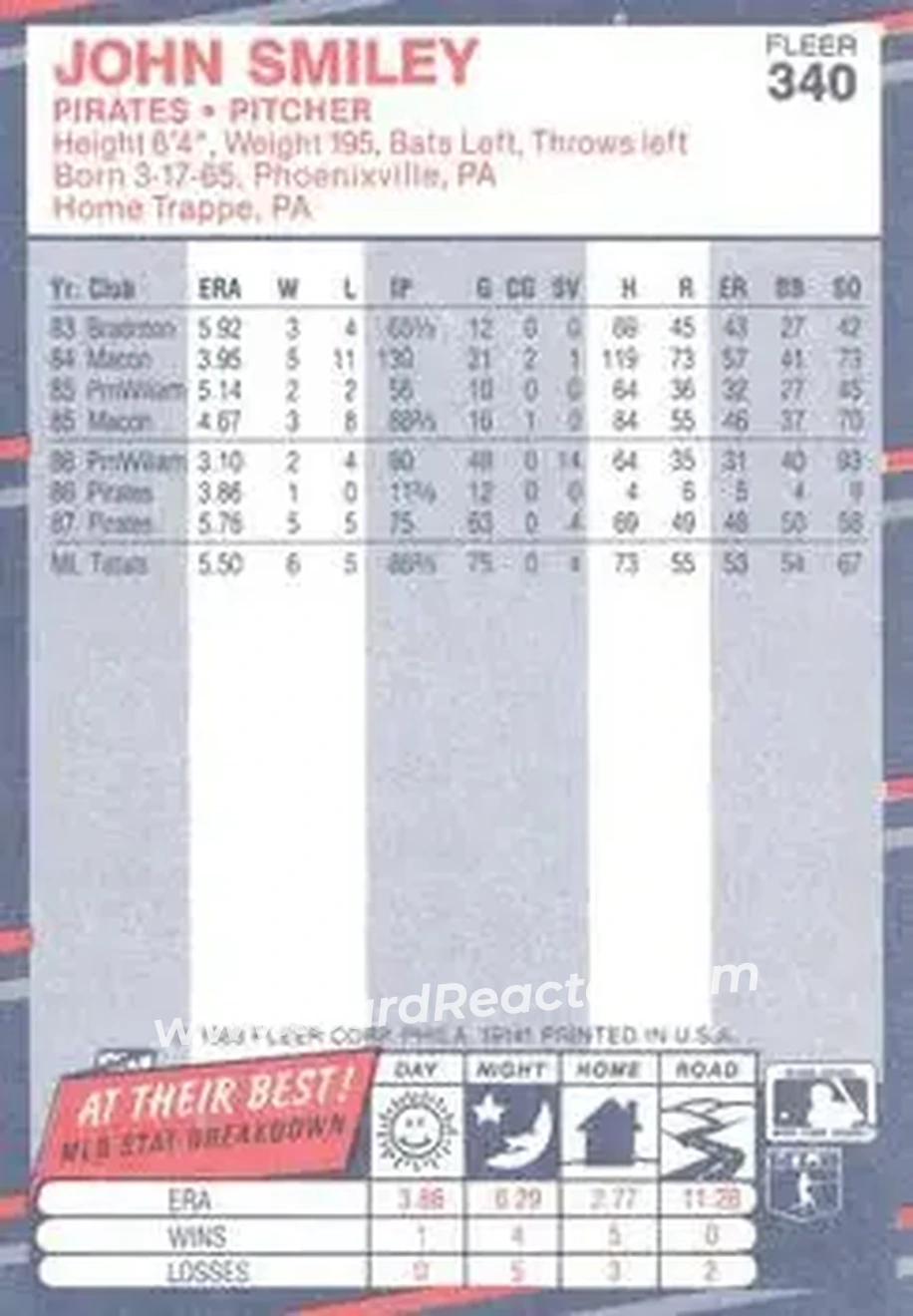 1988 Fleer #340 - John Smiley - Pittsburgh Pirates - Back 1988 Fleer #340 - John Smiley - Pittsburgh Pirates - Back