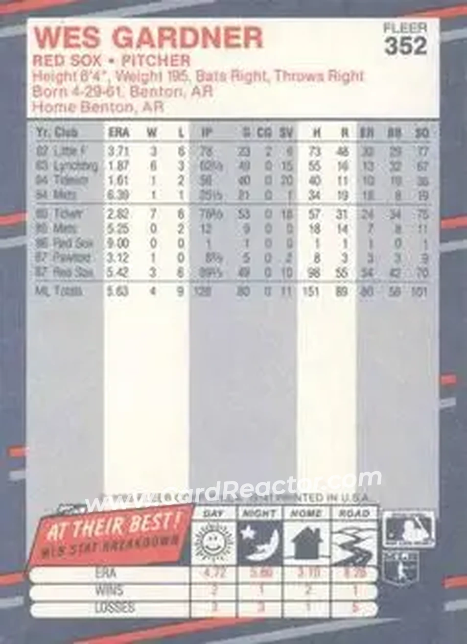 1988 Fleer #352 - Wes Gardner - Boston Red Sox - Back 1988 Fleer #352 - Wes Gardner - Boston Red Sox - Back