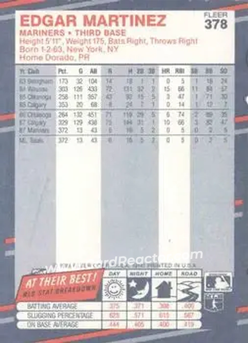1988 Fleer #378 - Edgar Martinez - Seattle Mariners - Back 1988 Fleer #378 - Edgar Martinez - Seattle Mariners - Back