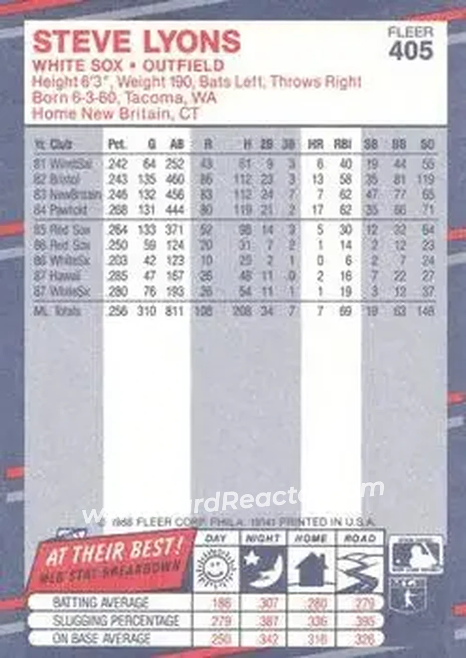 1988 Fleer #405 - Steve Lyons - Chicago White Sox - Back 1988 Fleer #405 - Steve Lyons - Chicago White Sox - Back