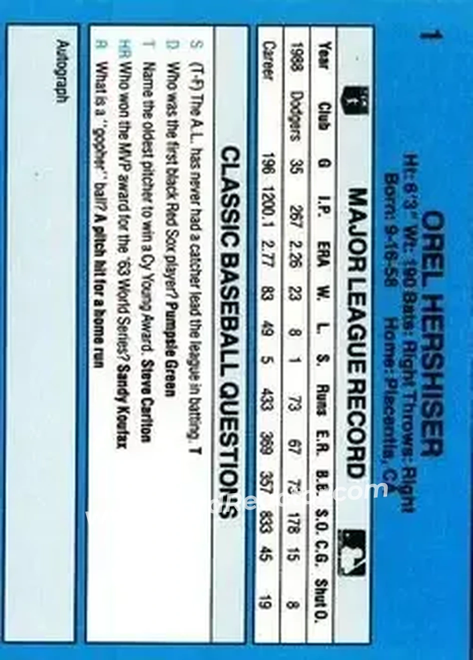 1989 Classic #1 - Orel Hershiser - Los Angeles Dodgers - Back