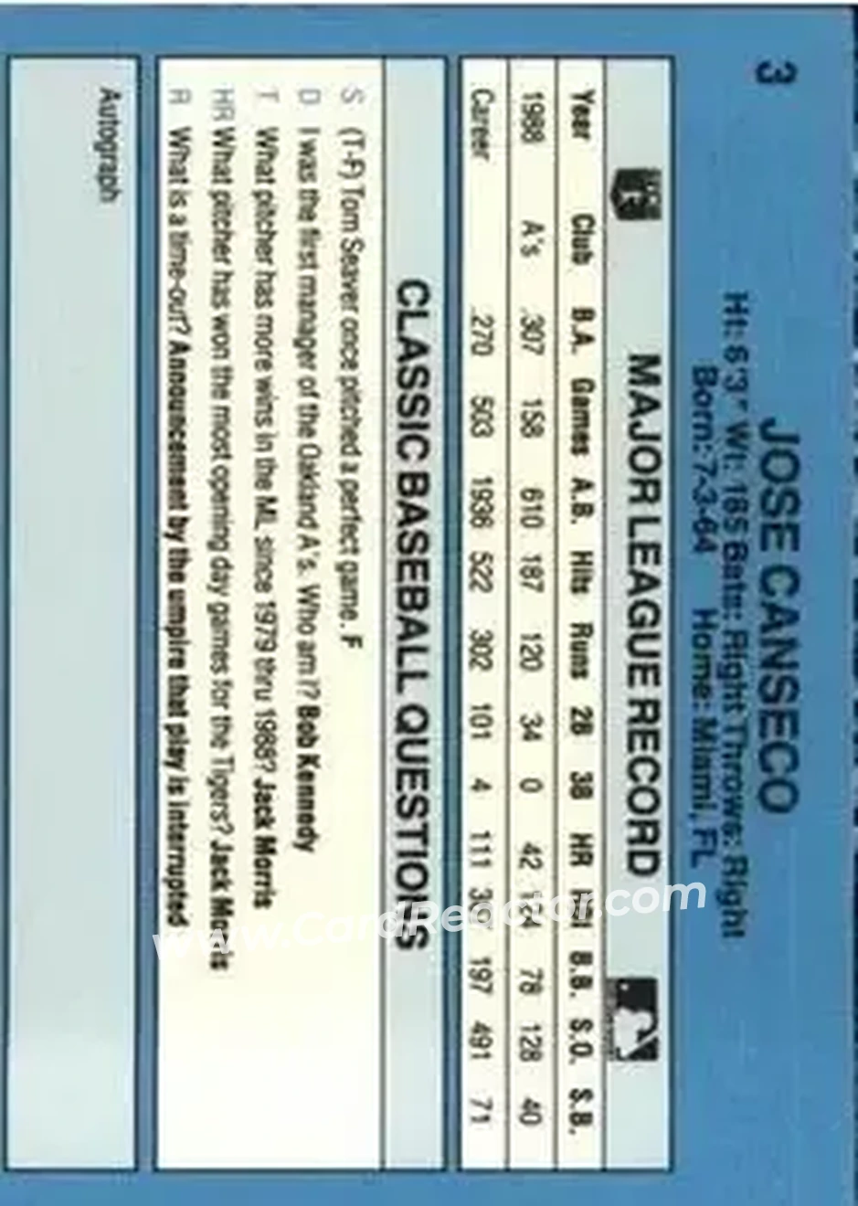 1989 Classic #3 - Jose Canseco - Oakland Athletics - Back