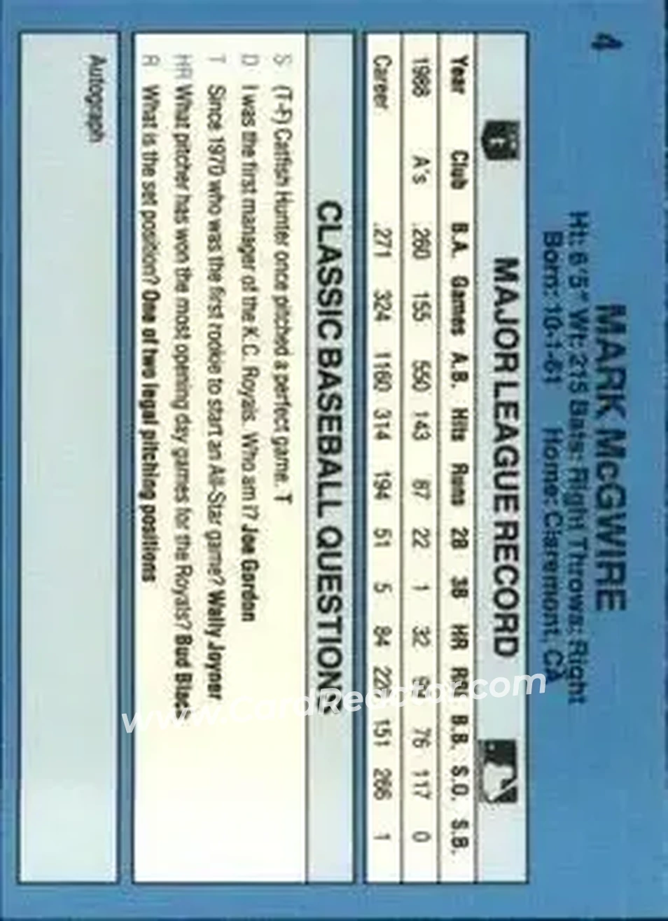 1989 Classic #4 - Mark McGwire - Oakland Athletics - Back 1989 Classic #4 - Mark McGwire - Oakland Athletics - Back