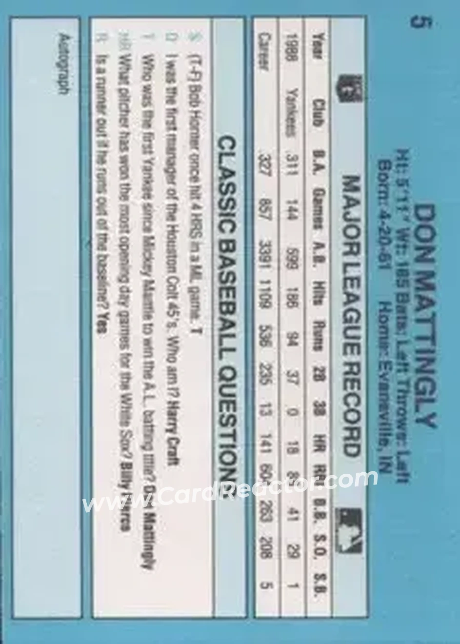 1989 Classic #5 - Don Mattingly - New York Yankees - Back