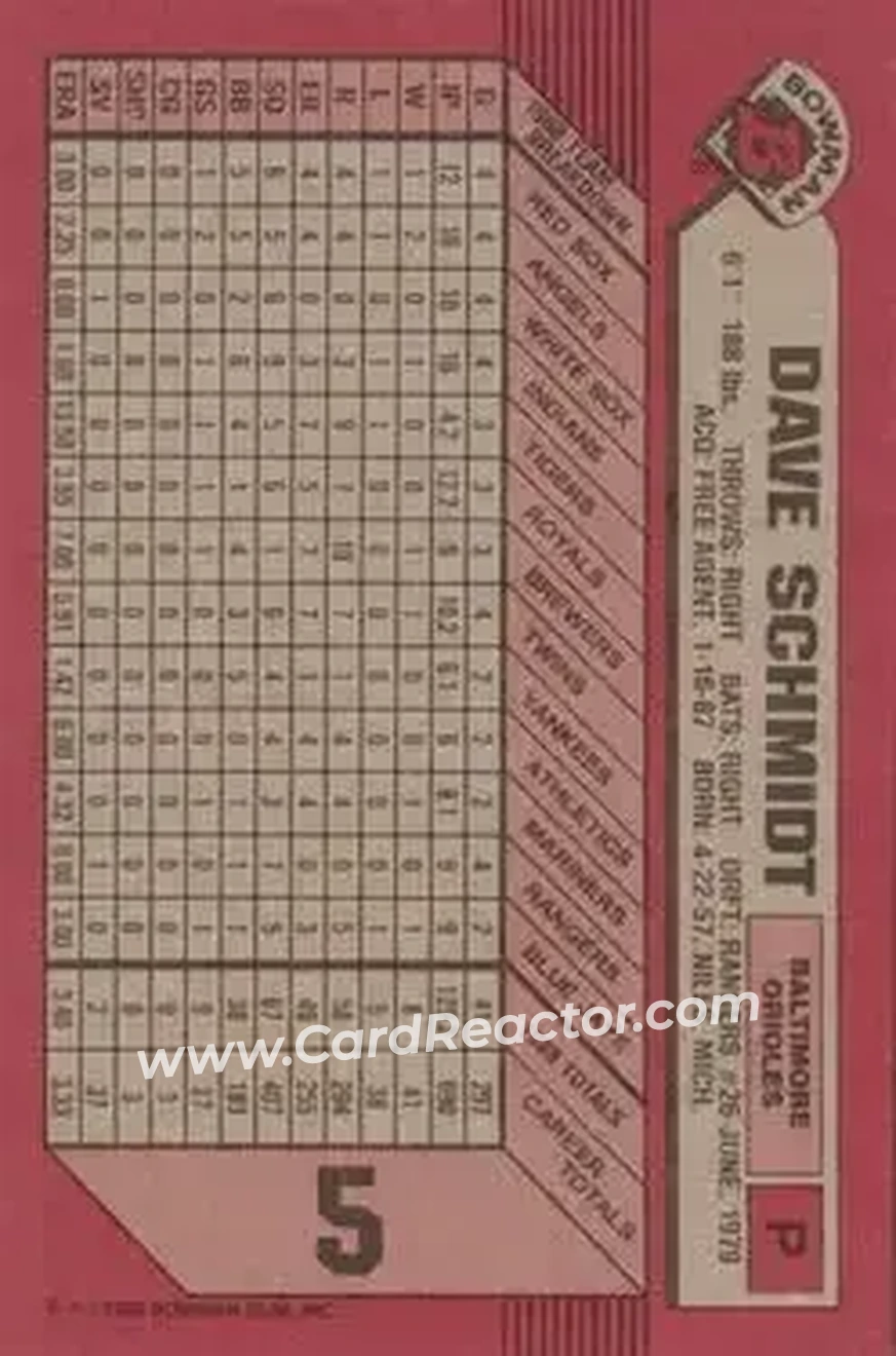 1989 Bowman #5 - Dave Schmidt - Baltimore Orioles - Back 1989 Bowman #5 - Dave Schmidt - Baltimore Orioles - Back