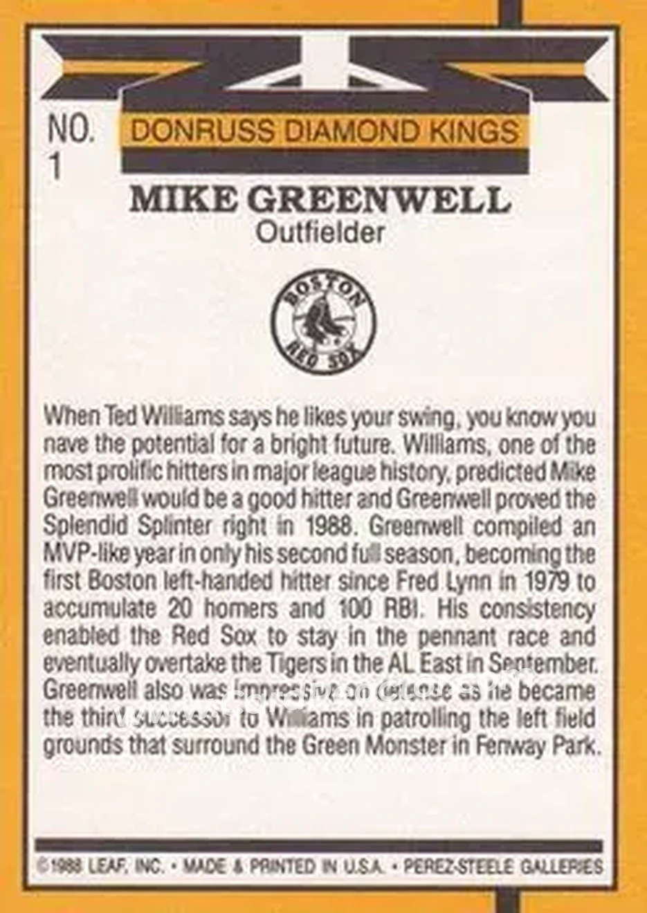 1989 Donruss #1 - Mike Greenwell - Boston Red Sox - Back